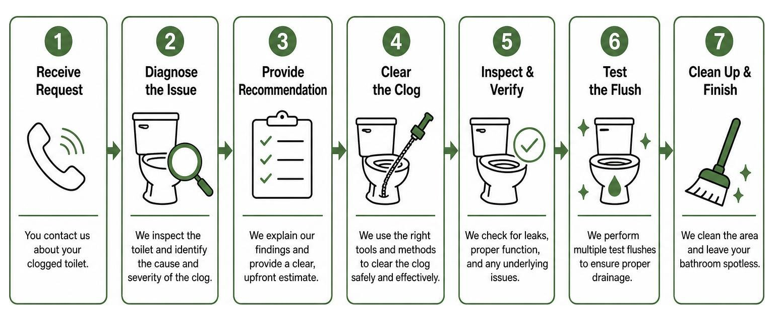 step-by-step diagnostic and repair workflow for a clogged toilet