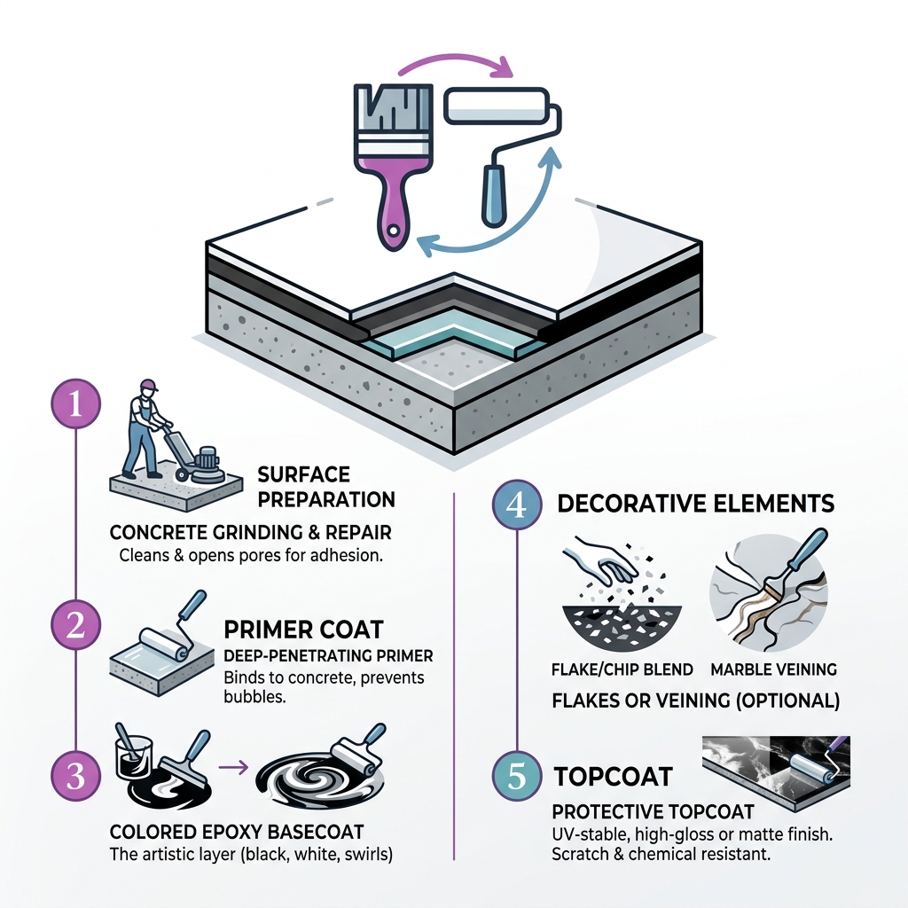 Infographic showing the multi-layer black and white epoxy floor coating system from primer to topcoat - epoxy floor black