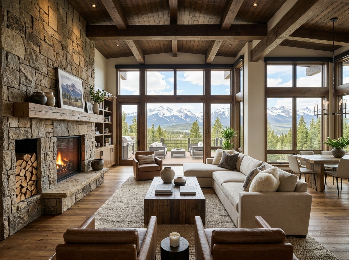 Luxury Colorado mountain living room with stone fireplace, timber beams, warm wood floors, natural textures Luxury Colorado mountain living room with stone fireplace, timber beams, warm wood floors, natural textures