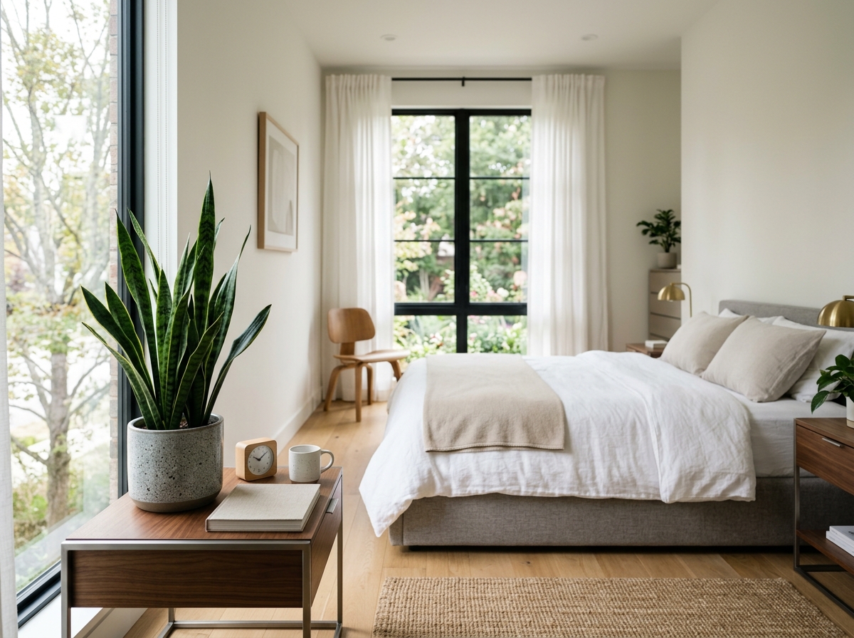 Snake Plant in a modern bedroom setting - mood enhancing house plants