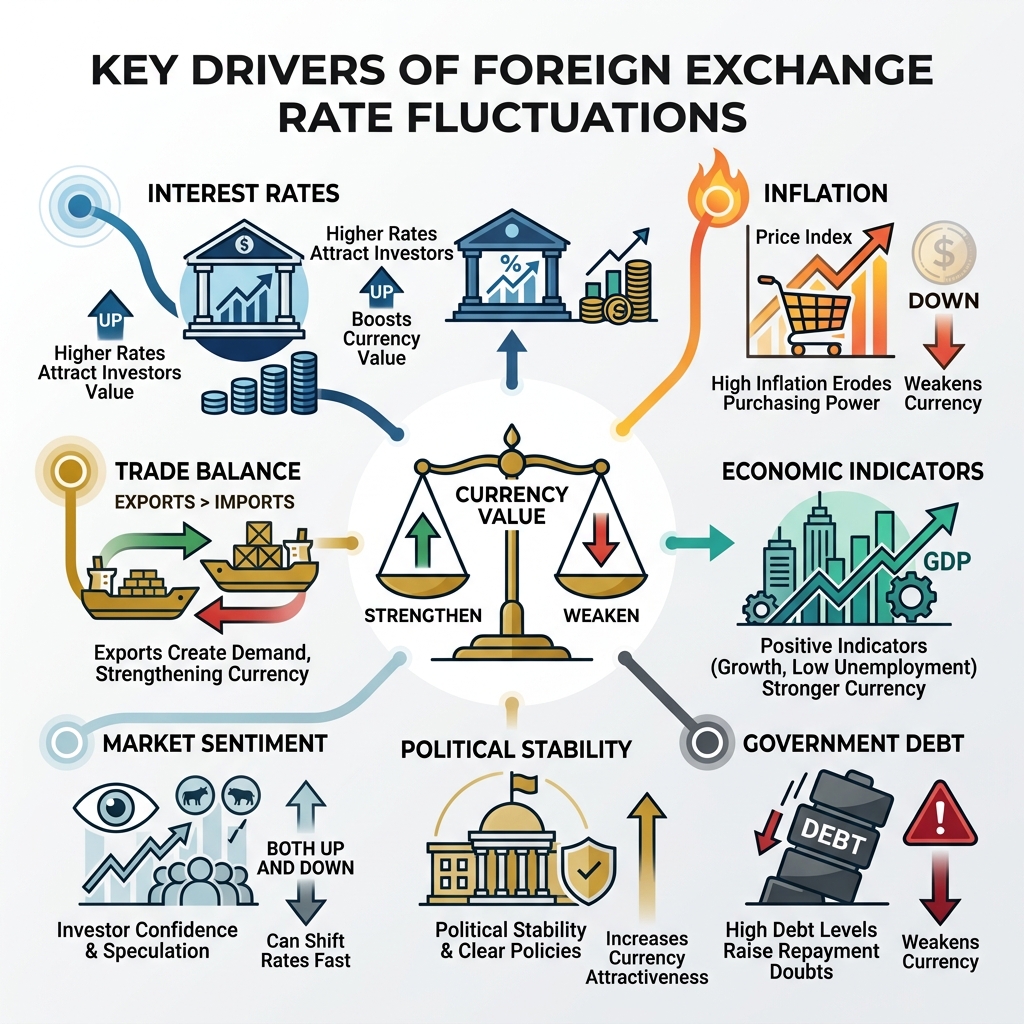 Infographic showing key drivers of foreign exchange rate fluctuations and their effects on currency values - foreign Infographic showing key drivers of foreign exchange rate fluctuations and their effects on currency values - foreign