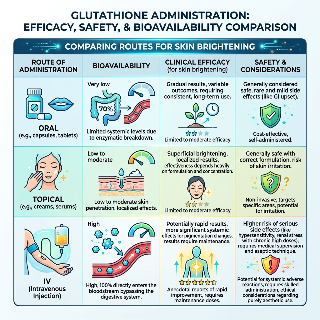 table comparing efficacy, safety, and bioavailability of oral, topical, and IV glutathione - glutathione skin bleaching