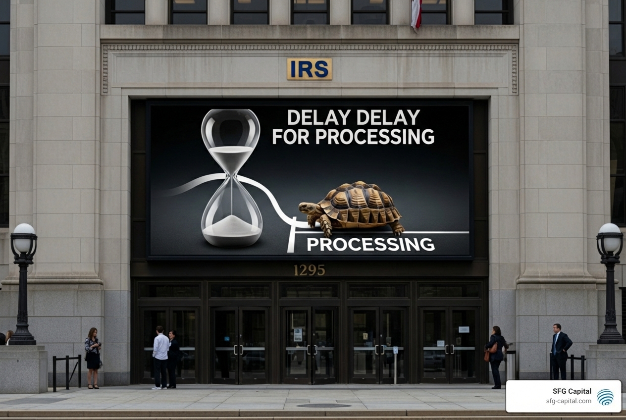 IRS building with a "Processing Delayed" sign - erc loans IRS building with a "Processing Delayed" sign - erc loans