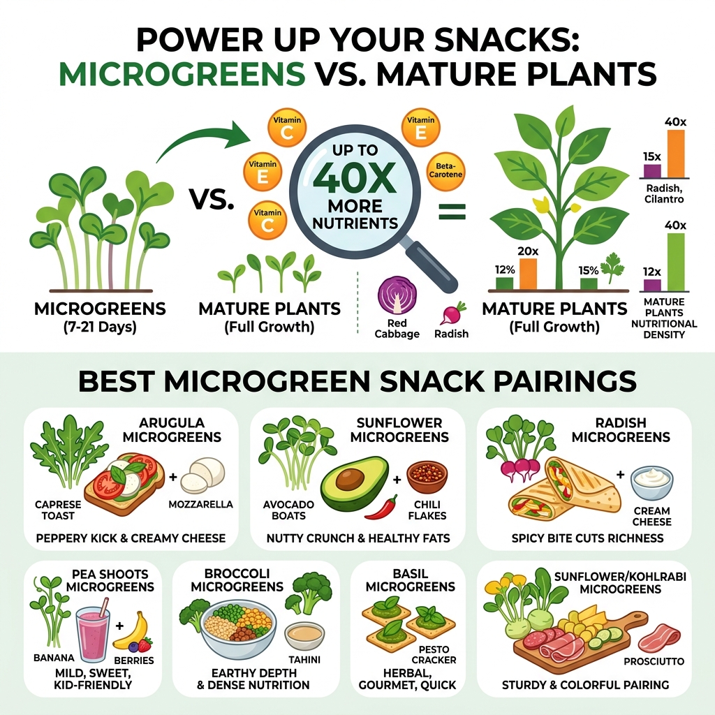 Infographic showing microgreens vs mature plants: up to 40x more nutrients by variety and best snack pairings - best