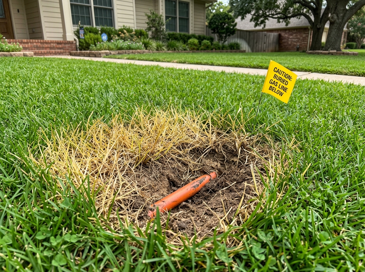 A patch of dying grass and yellowed vegetation near an underground gas line - gas leak detection A patch of dying grass and yellowed vegetation near an underground gas line - gas leak detection