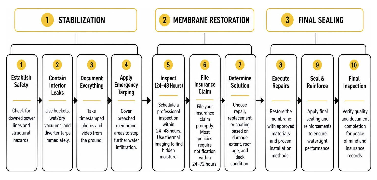 Commercial roof repair process flowchart detailing stabilization, membrane restoration, and final sealing