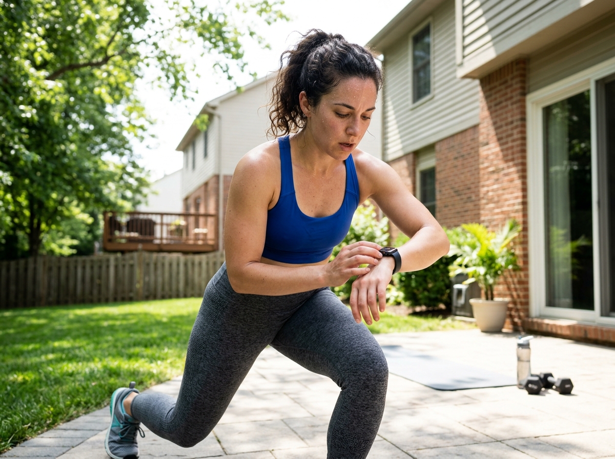 person tracking heart rate on a smartwatch during a quick workout - easy 10 minute exercises