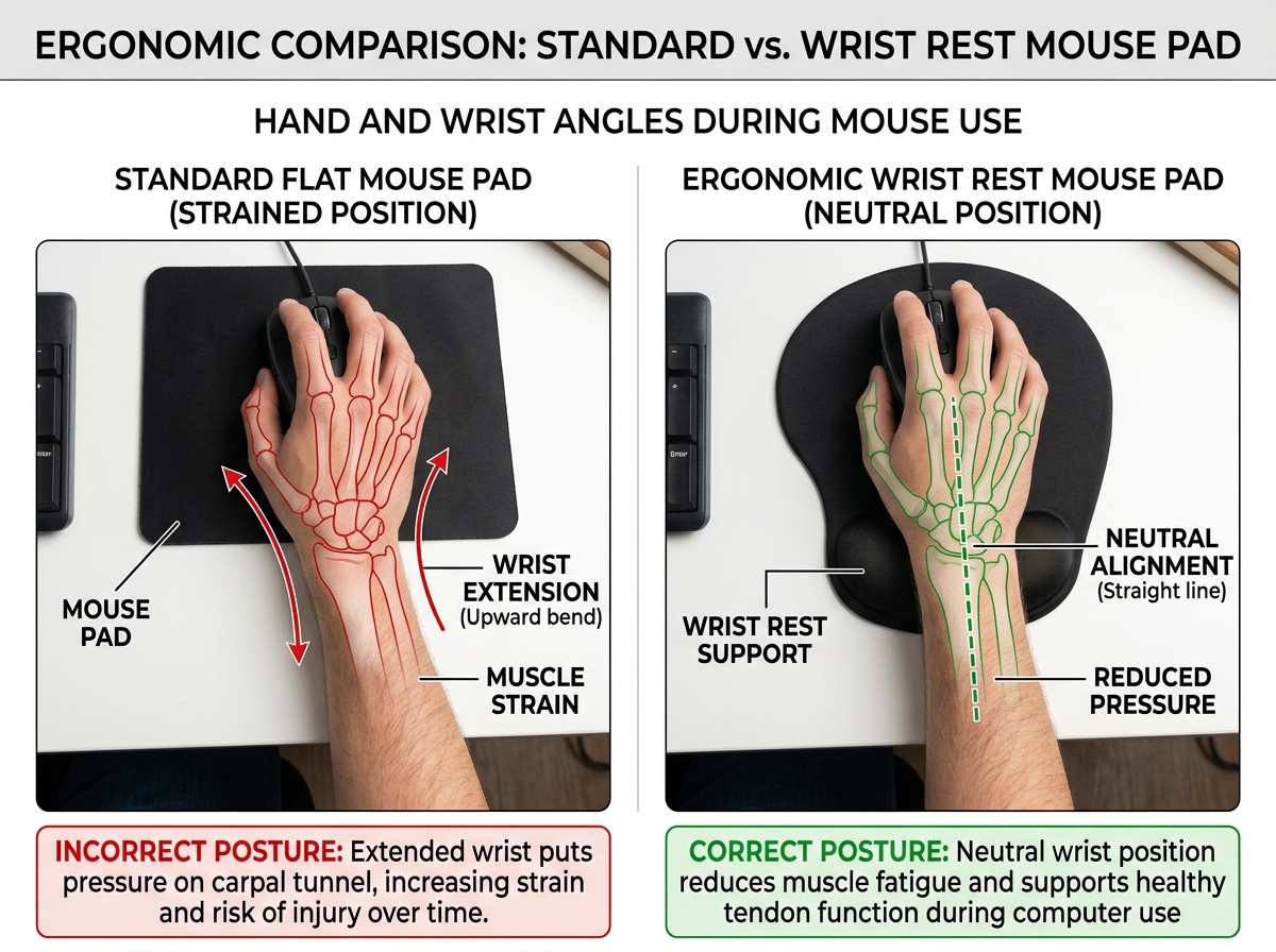 Diagram comparing a standard flat mouse pad vs an ergonomic support pad showing wrist angles - wrist rest mouse pad Diagram comparing a standard flat mouse pad vs an ergonomic support pad showing wrist angles - wrist rest mouse pad