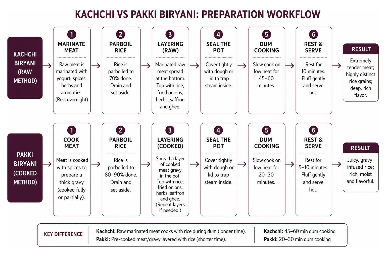 Comparison workflow of Kachchi and Pakki biryani preparation Comparison workflow of Kachchi and Pakki biryani preparation