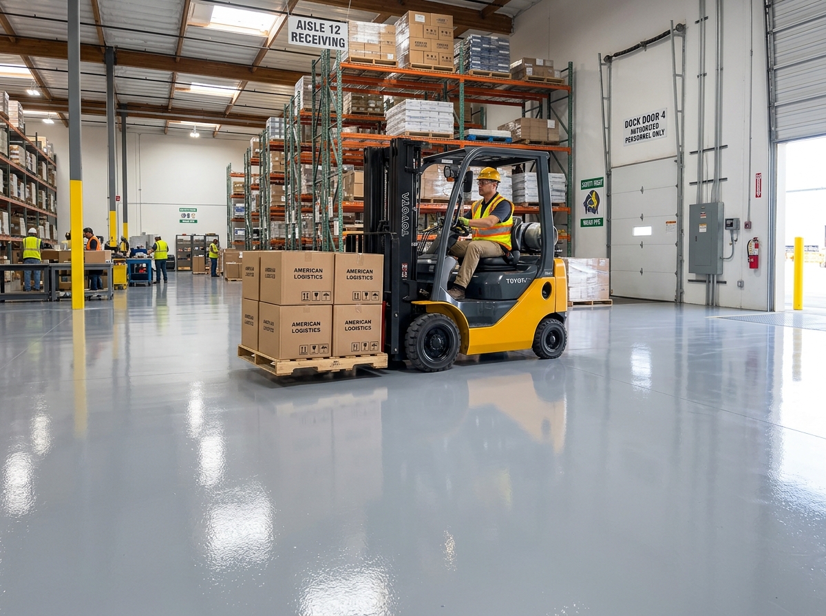 Forklift operating on a heavy-duty coated commercial floor showing no tire marks or abrasion - best commercial garage floor Forklift operating on a heavy-duty coated commercial floor showing no tire marks or abrasion - best commercial garage floor