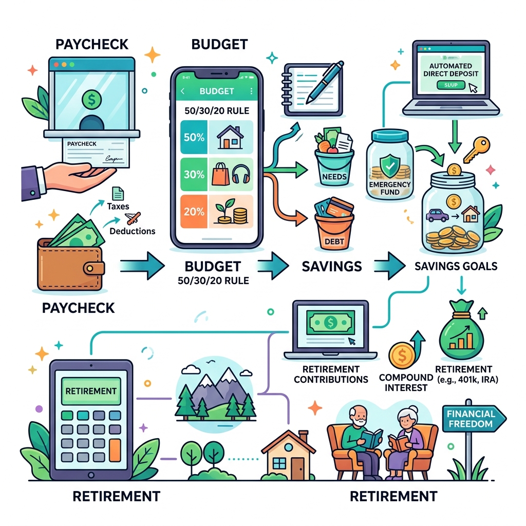 Infographic showing the first-job financial journey: paycheck to budget to savings to retirement - first job budgeting tips Infographic showing the first-job financial journey: paycheck to budget to savings to retirement - first job budgeting tips