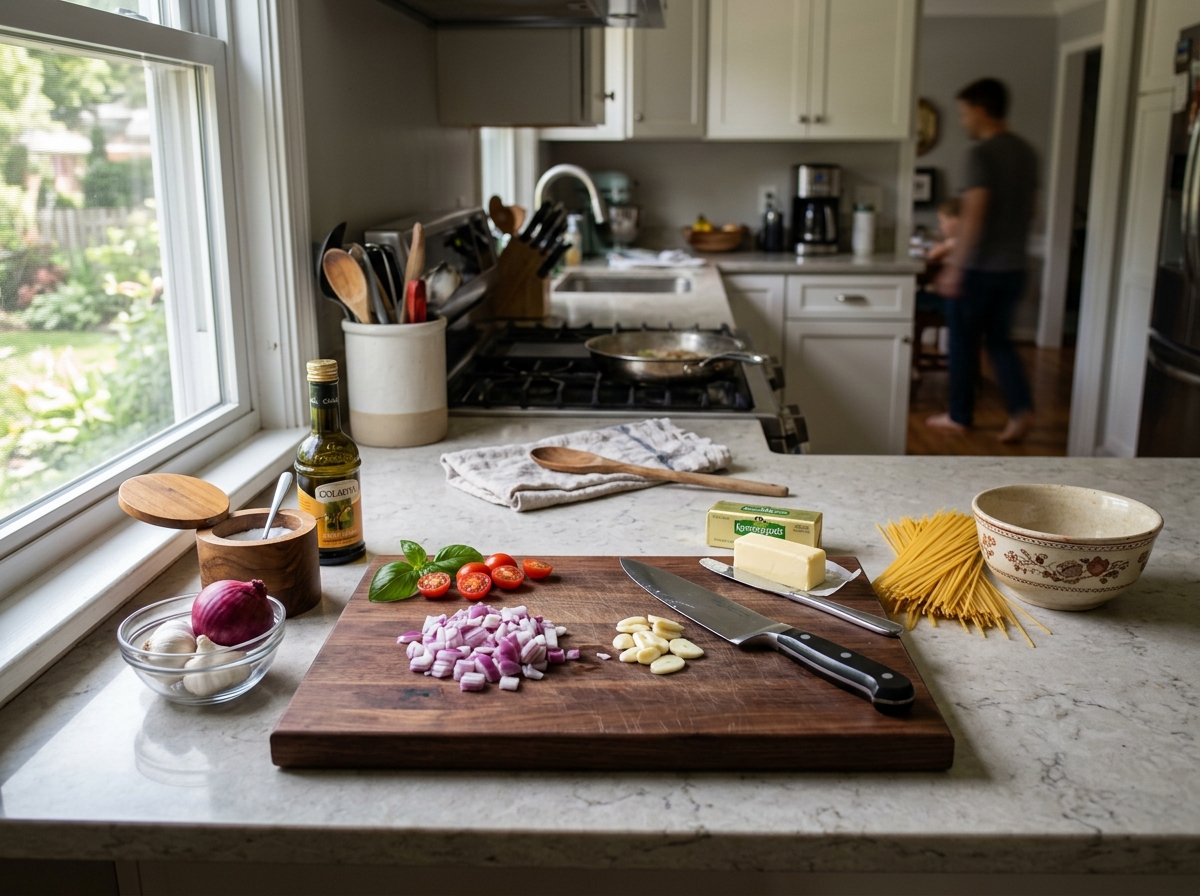 Busy kitchen with minimal ingredients scattered on a counter - 5 ingredient meals