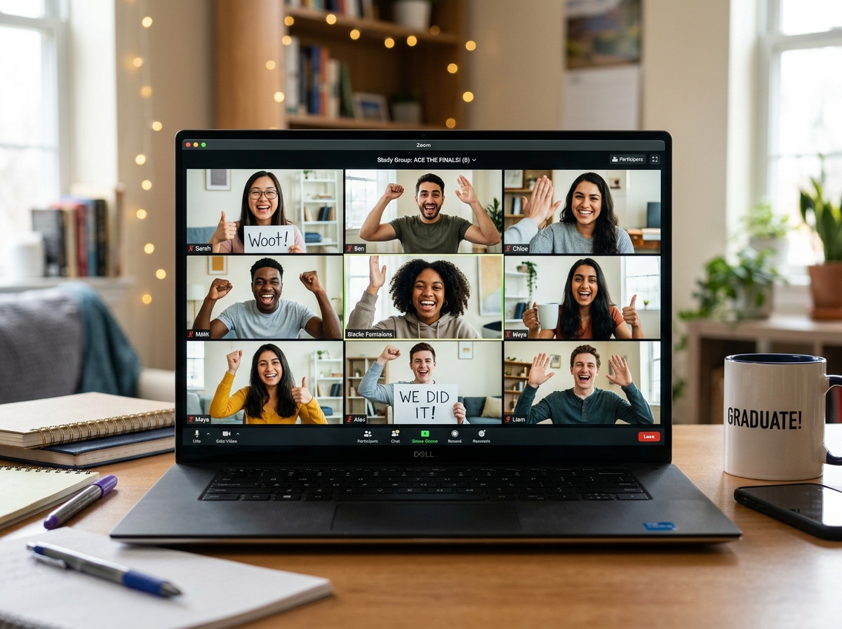 students celebrating a reached study goal together in a virtual session - online study community