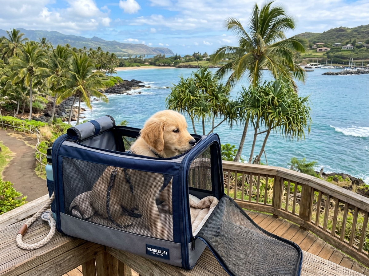 A puppy observing a tropical environment from a secure, premium carrier - puppy socialization checklist A puppy observing a tropical environment from a secure, premium carrier - puppy socialization checklist