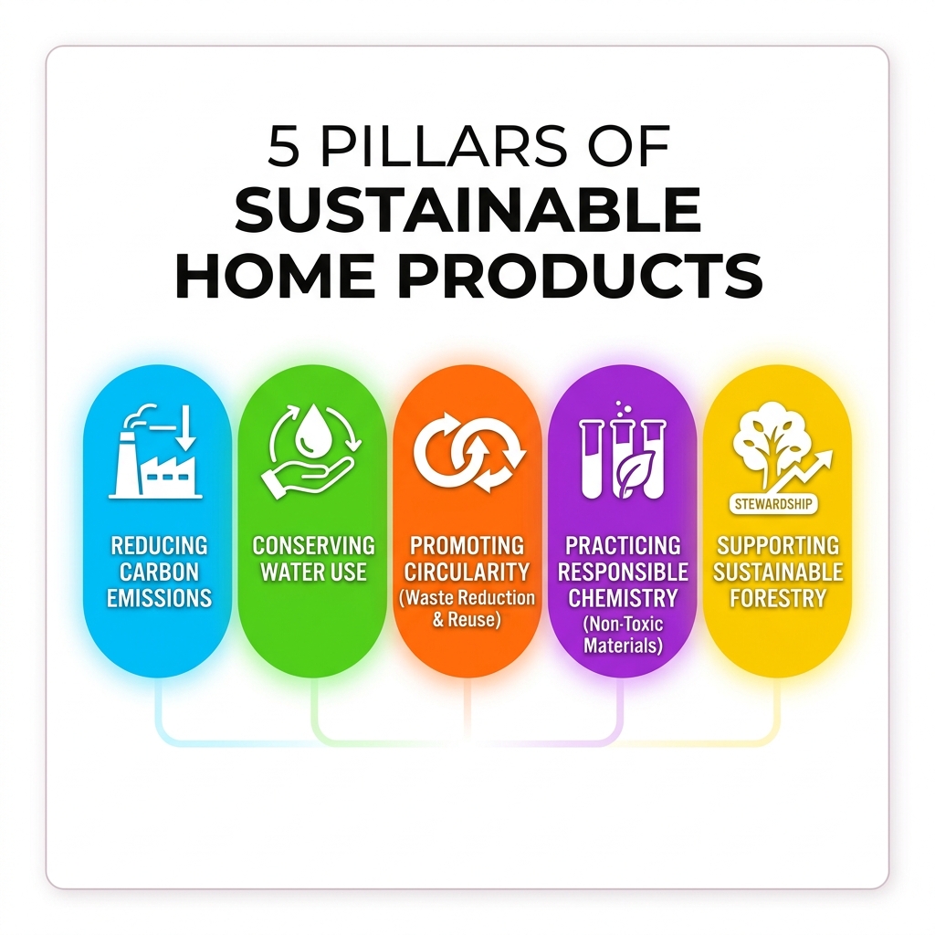 5 pillars of sustainable home products: carbon emissions, water use, circularity, responsible chemistry, sustainable