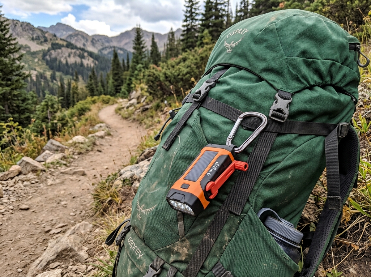A hand crank solar powered flashlight clipped to a hiking backpack using a built-in carabiner - hand crank solar powered A hand crank solar powered flashlight clipped to a hiking backpack using a built-in carabiner - hand crank solar powered