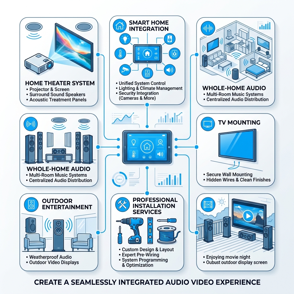 Components of a professional AV system including home theater, smart integration, and whole-home audio - audio video install Components of a professional AV system including home theater, smart integration, and whole-home audio - audio video install