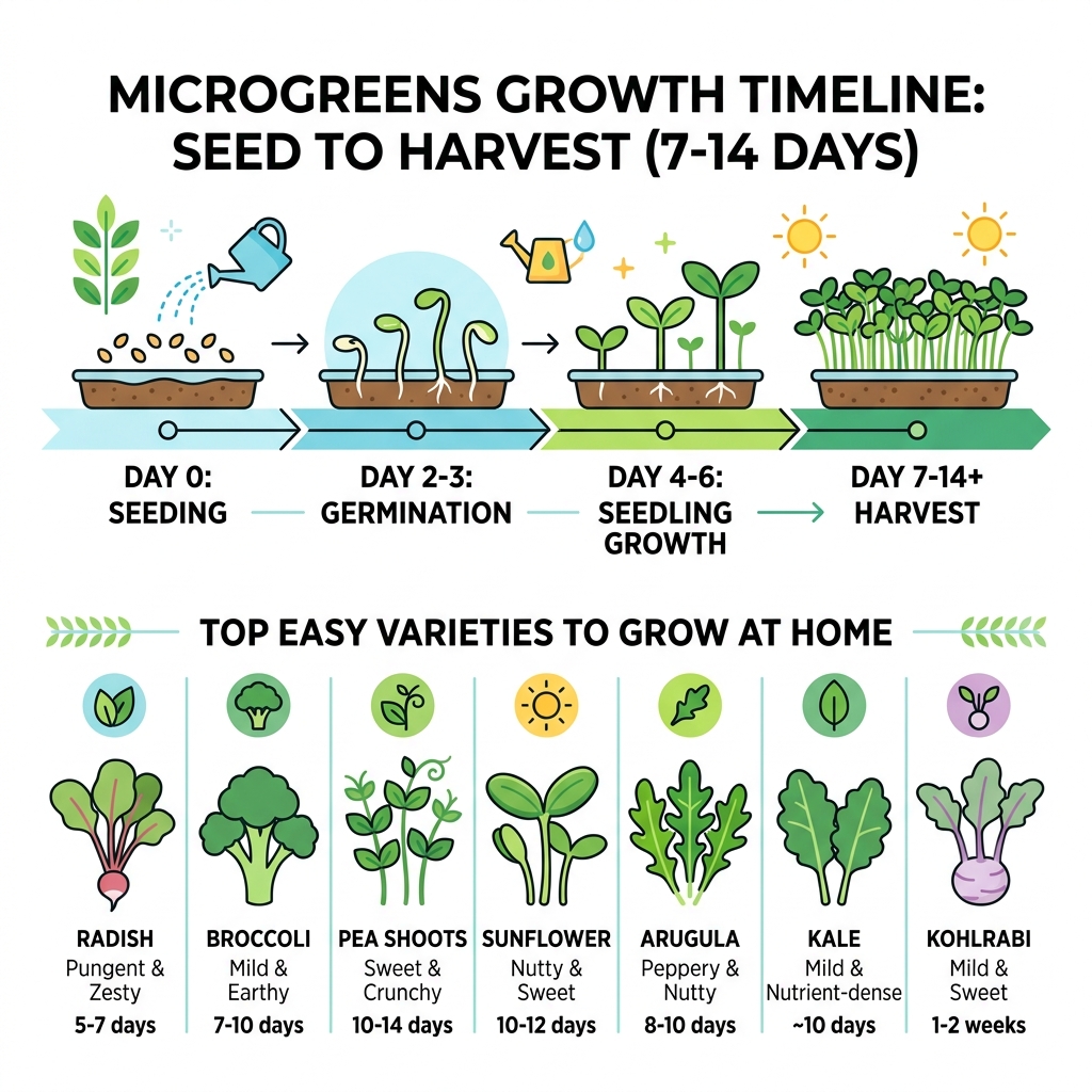 infographic showing microgreens growth timeline from seed to harvest in 7-14 days with top varieties listed - best