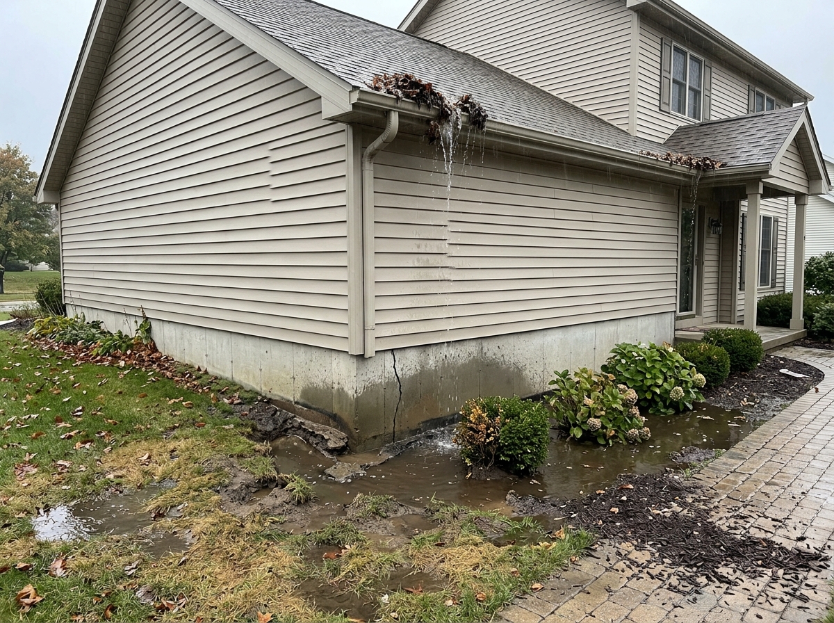 Illustration of water damage to a home foundation caused by overflowing gutters - gutter blockage removal