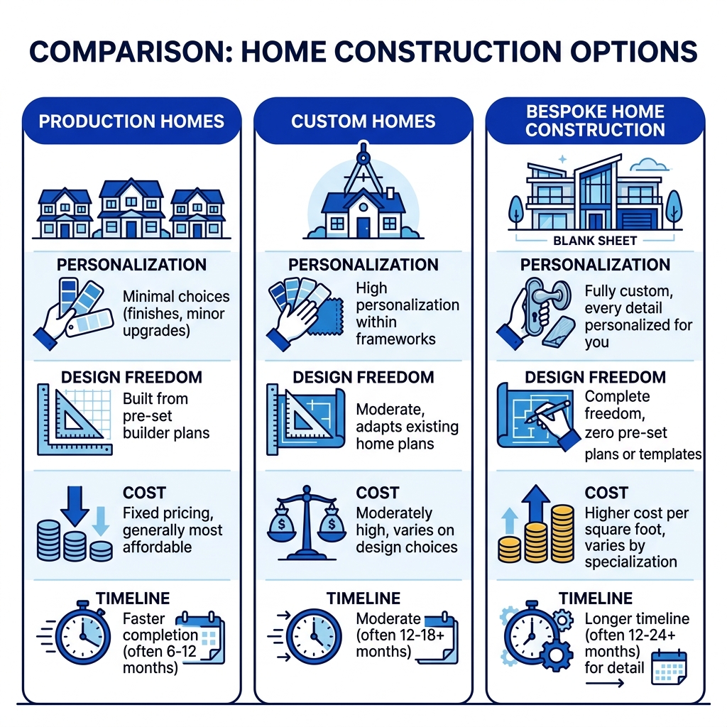 Comparison infographic: production vs. custom vs. bespoke home construction — personalization, design freedom, cost, and Comparison infographic: production vs. custom vs. bespoke home construction — personalization, design freedom, cost, and
