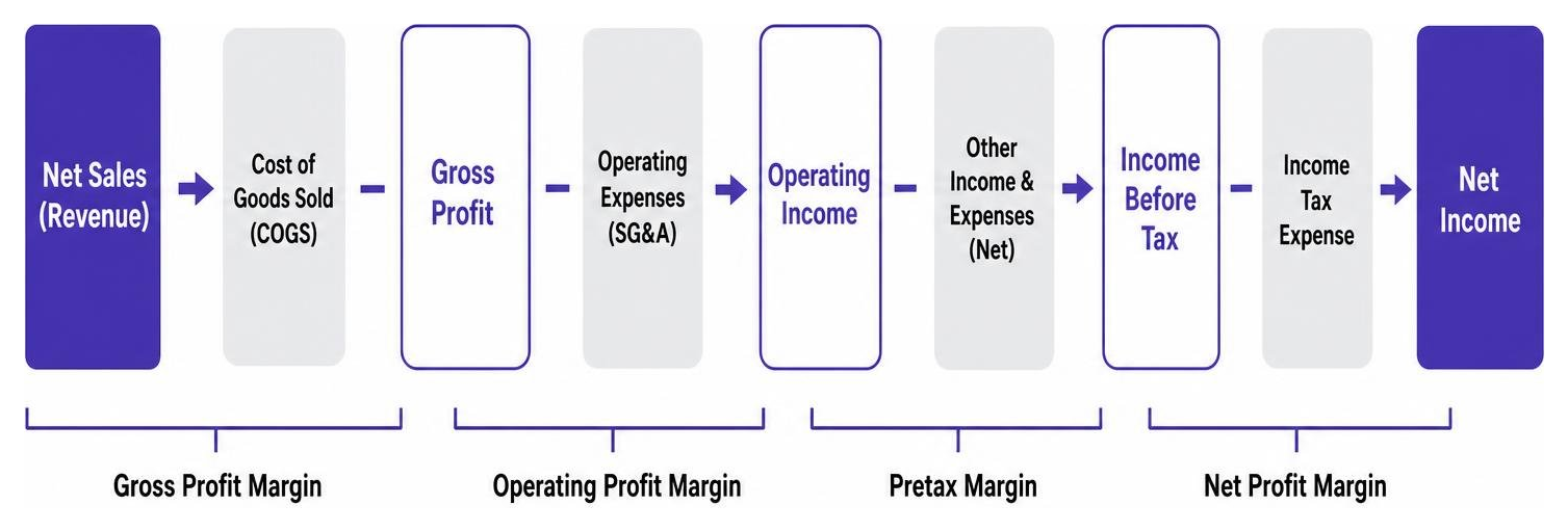 Waterfall diagram showing how revenue flows down to net income after various cost deductions