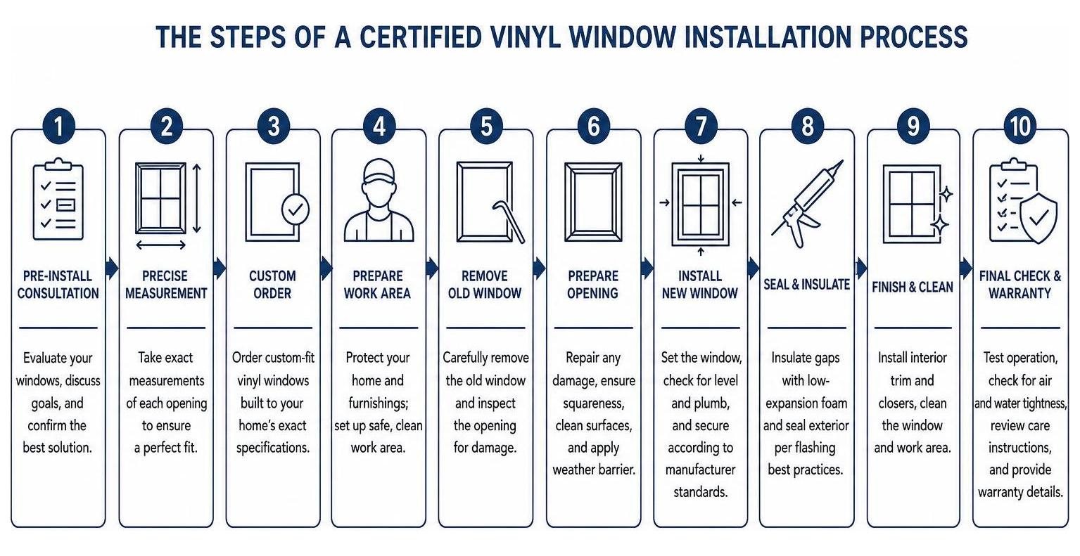 The steps of a certified vinyl window installation process The steps of a certified vinyl window installation process