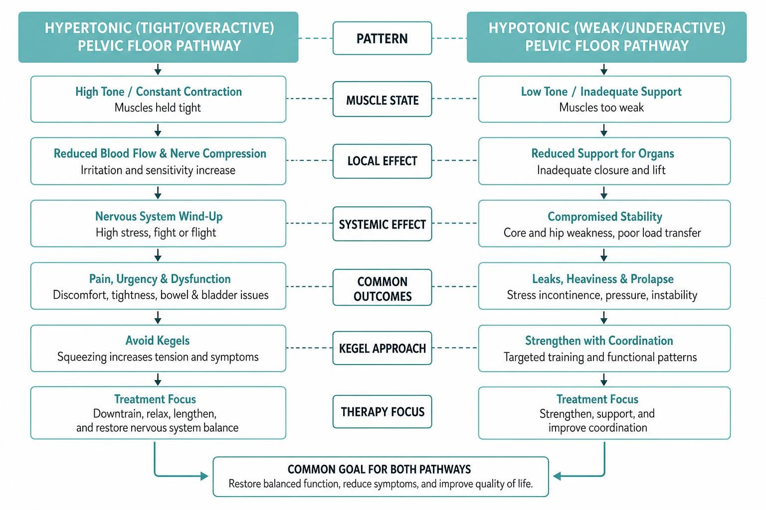 Diagram comparing hypertonic and hypotonic pelvic floor pathways and their systemic effects