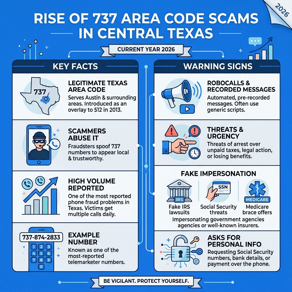 Rise of 737 area code scams in Central Texas - key facts and warning signs - 737 area code scam infographic Rise of 737 area code scams in Central Texas - key facts and warning signs - 737 area code scam infographic