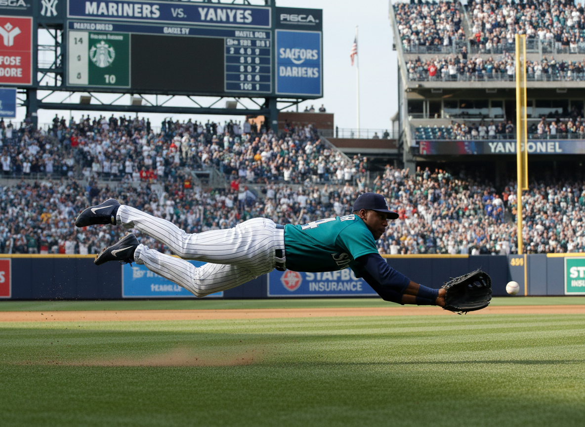Ken Griffey Jr. making a spectacular diving catch in center field - ken griffey jr