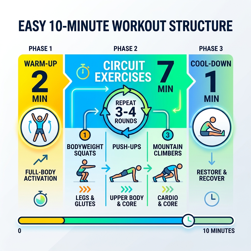 Infographic showing 10-minute workout structure with warm-up, circuit exercises, and cool-down phases - easy 10 minute