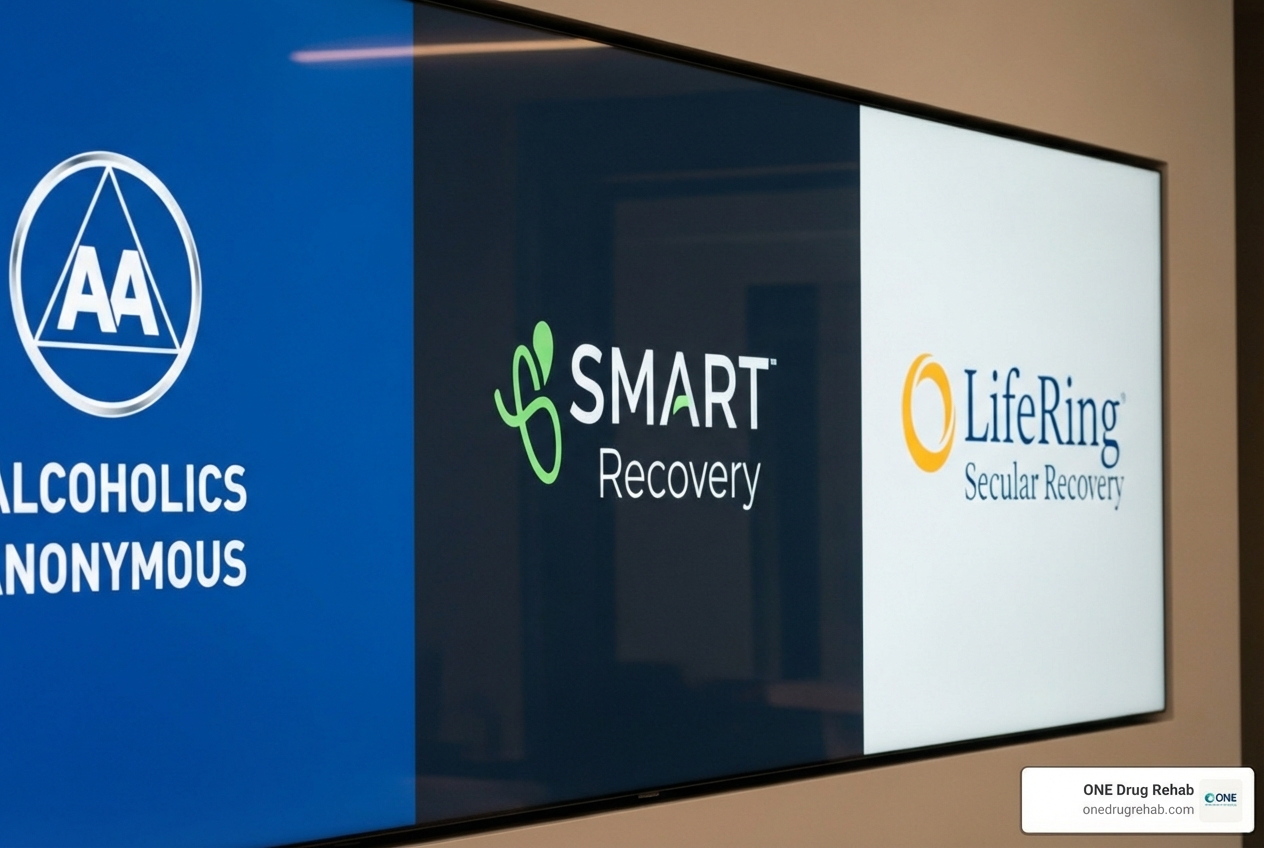 screen showing logos of different recovery groups like AA, SMART Recovery, and LifeRing - online sobriety meetings