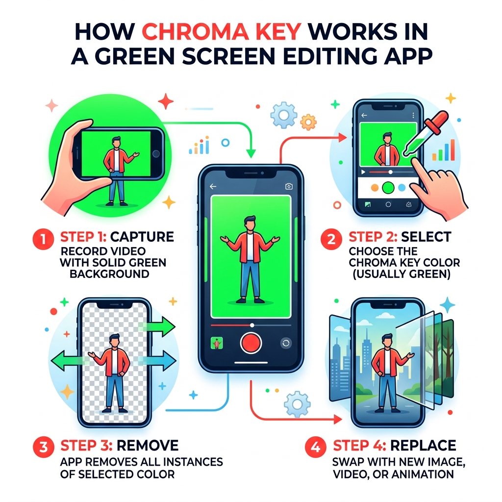 How chroma key works in a green screen editing app step by step - green screen editing app infographic 