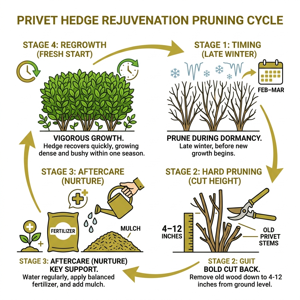 Privet hedge rejuvenation pruning cycle infographic showing timing, cut height, aftercare, and regrowth stages - hard
