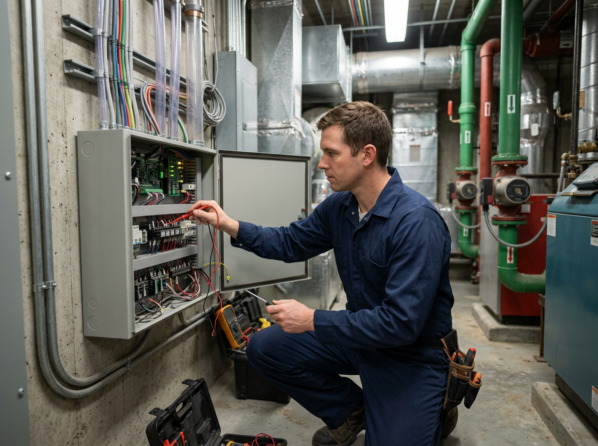 Technician servicing a commercial zone control panel