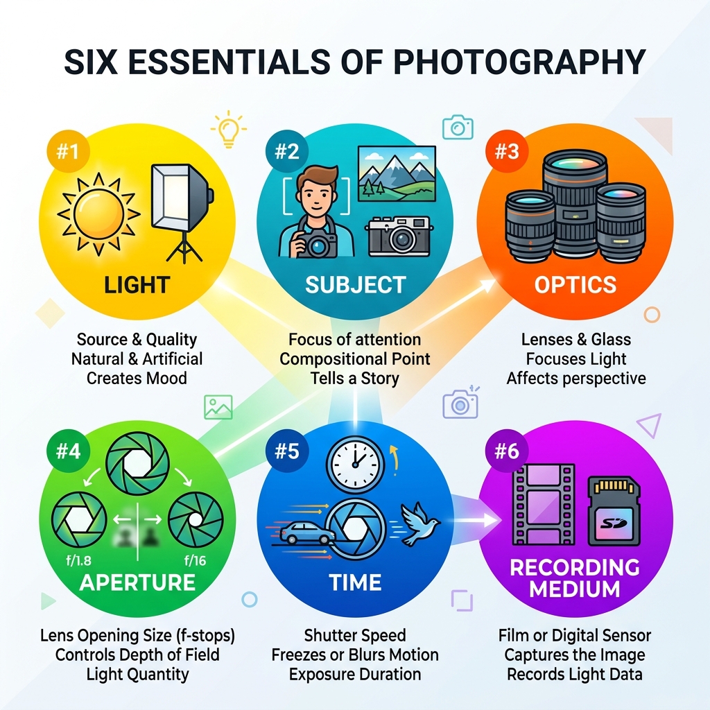 Infographic showing the six essentials of photography: light, subject, optics, aperture, time, recording medium - basic