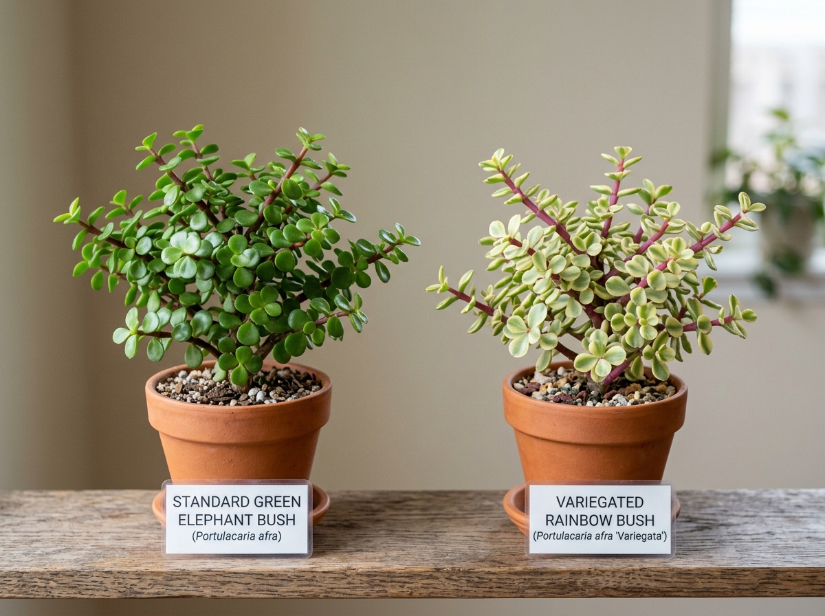 Comparison of green Elephant Bush vs variegated Rainbow Bush - how to care for elephant bush Comparison of green Elephant Bush vs variegated Rainbow Bush - how to care for elephant bush