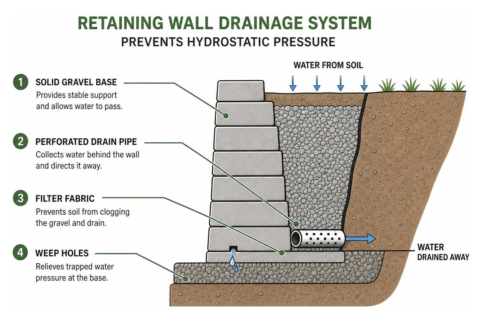 Diagram showing retaining wall drainage system to prevent hydrostatic pressure Diagram showing retaining wall drainage system to prevent hydrostatic pressure