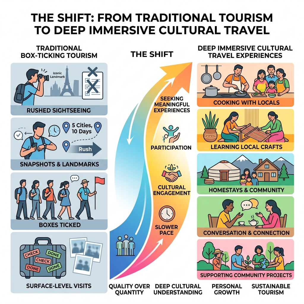 Infographic showing shift from traditional box-ticking tourism to deep immersive cultural travel experiences - immersive Infographic showing shift from traditional box-ticking tourism to deep immersive cultural travel experiences - immersive