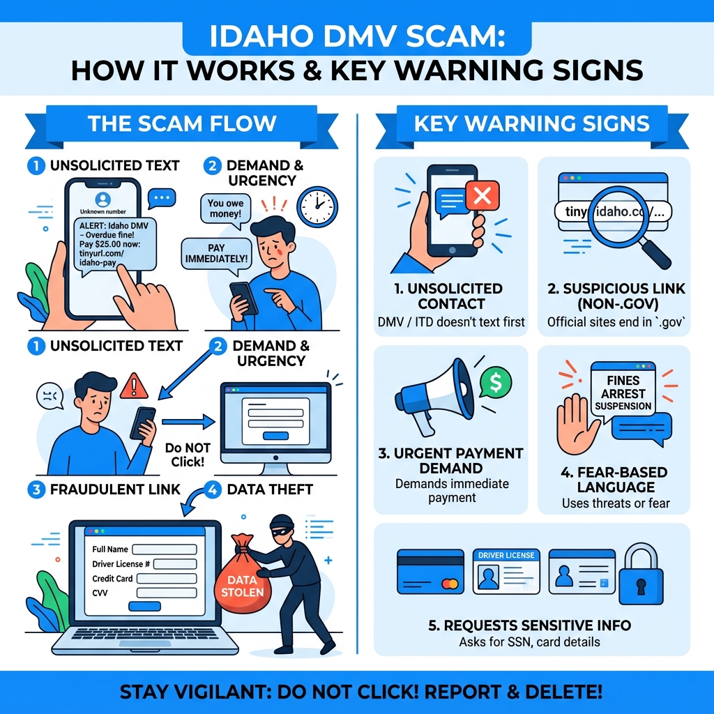 Infographic showing how Idaho DMV scam texts target drivers and key warning signs - idaho dmv scam infographic Infographic showing how Idaho DMV scam texts target drivers and key warning signs - idaho dmv scam infographic
