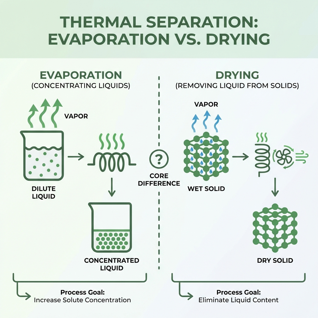 Infographic explaining the core difference between evaporation (concentrating liquids) and drying (removing liquid from solids) - distillation definition infographic 