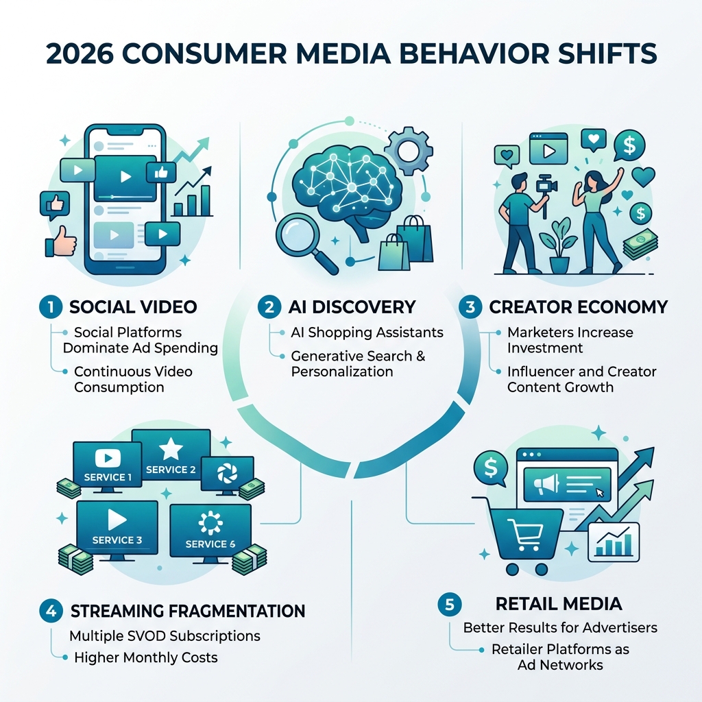 2026 consumer media behavior shifts: social video, AI discovery, streaming fragmentation, creator economy, retail media
