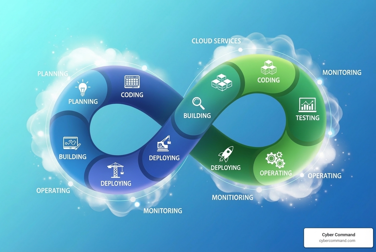 DevOps infinity loop with stages: Plan, Code, Build, Test, Release, Deploy, Operate, Monitor, with cloud services overlayed on each stage - cloud computing devops