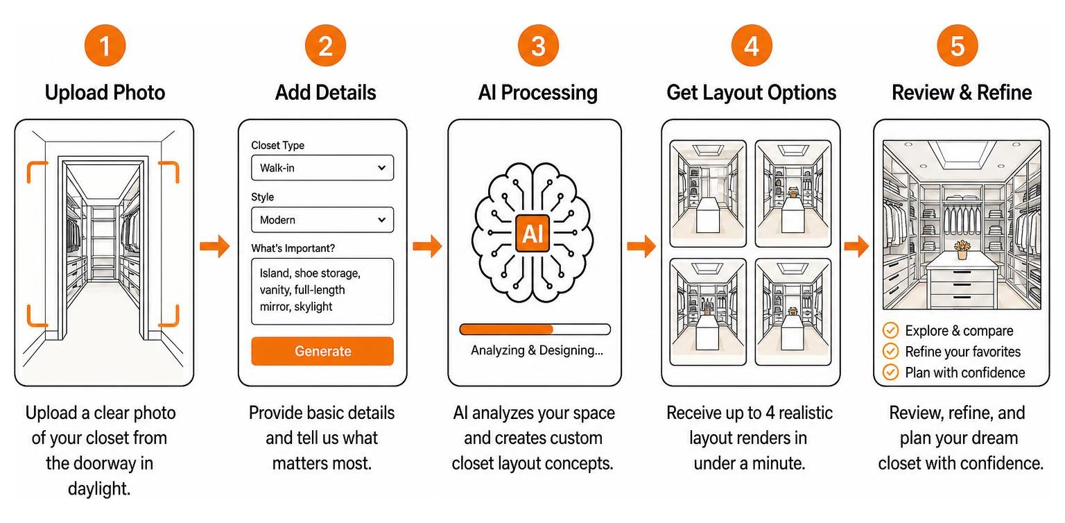 AI photo upload to custom closet render workflow diagram