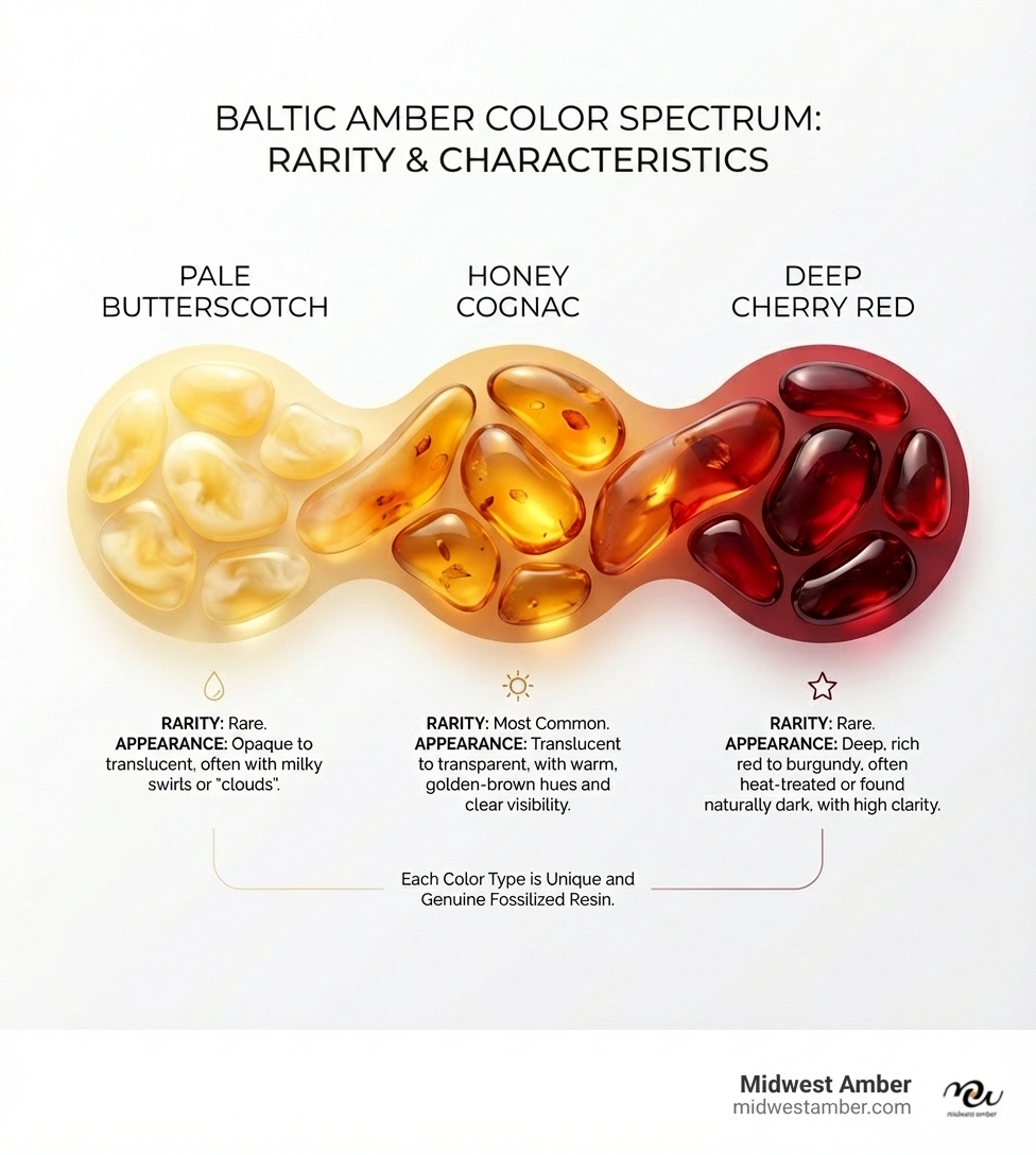infographic showing the spectrum of Baltic amber colors from pale butterscotch through honey cognac to deep cherry red, with labels for each color type and their characteristics including rarity and typical appearance - amber earrings and necklace set infographic 
