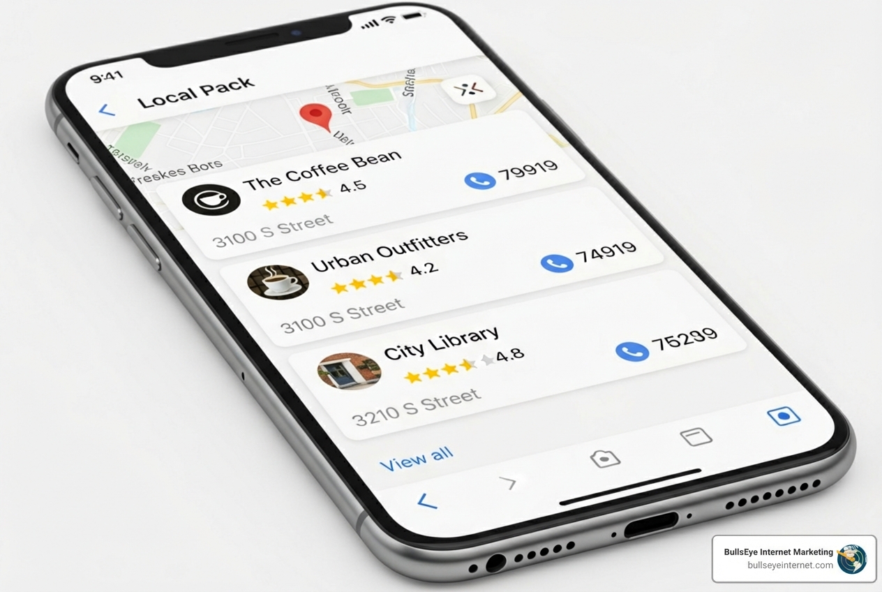 Google Maps local pack results on a smartphone screen showing three businesses with ratings and addresses - local SEO Fort Lauderdale