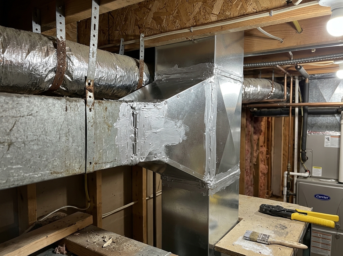 Close-up of professional ductwork modification with silver mastic sealant and new metal transitions - forced air furnace
