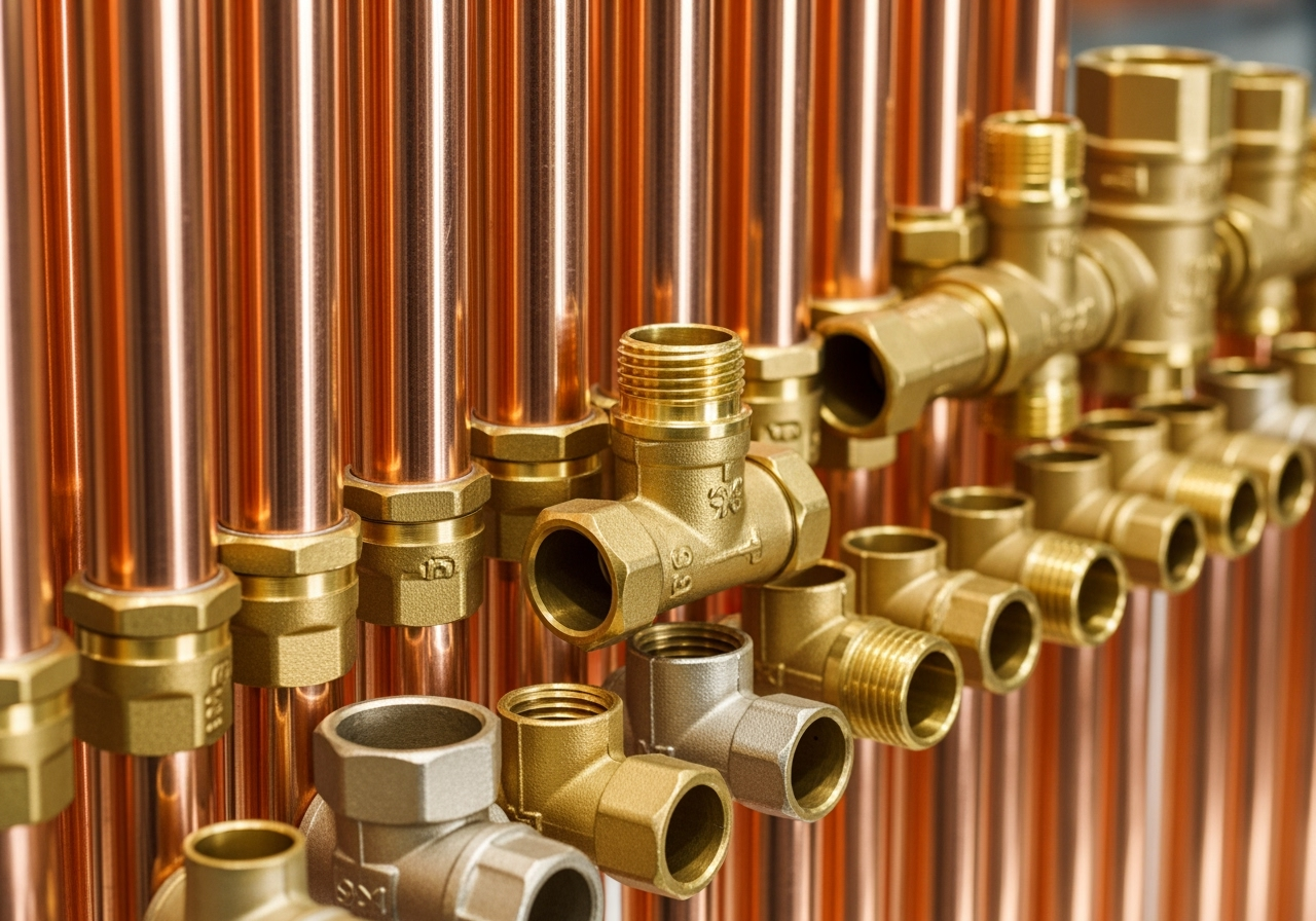 Shiny, rigid copper pipes and various brass fittings for plumbing systems - copper versus pex plumbing