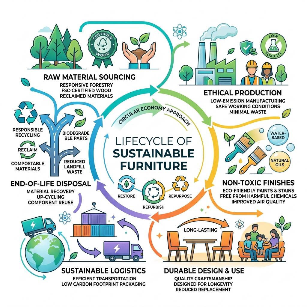 Lifecycle of sustainable furniture from raw material sourcing to end-of-life disposal - eco friendly furniture brands