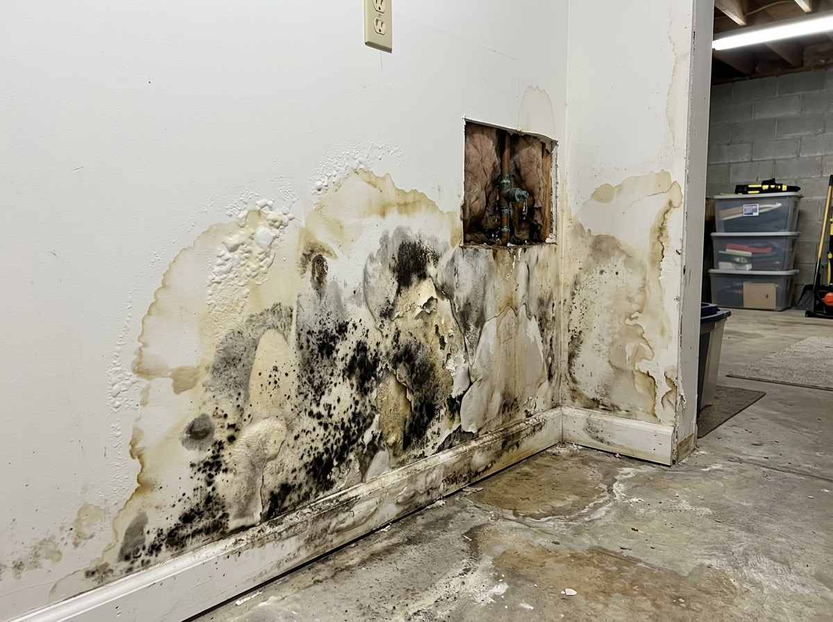 water damaged drywall with visible mold growth from a hidden pipe leak - Pipe leak detection service water damaged drywall with visible mold growth from a hidden pipe leak - Pipe leak detection service