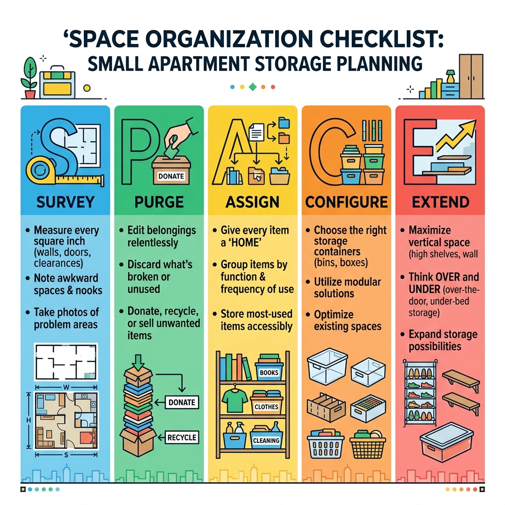 SPACE organization checklist infographic for small apartment storage planning - apartment storage solutions infographic 